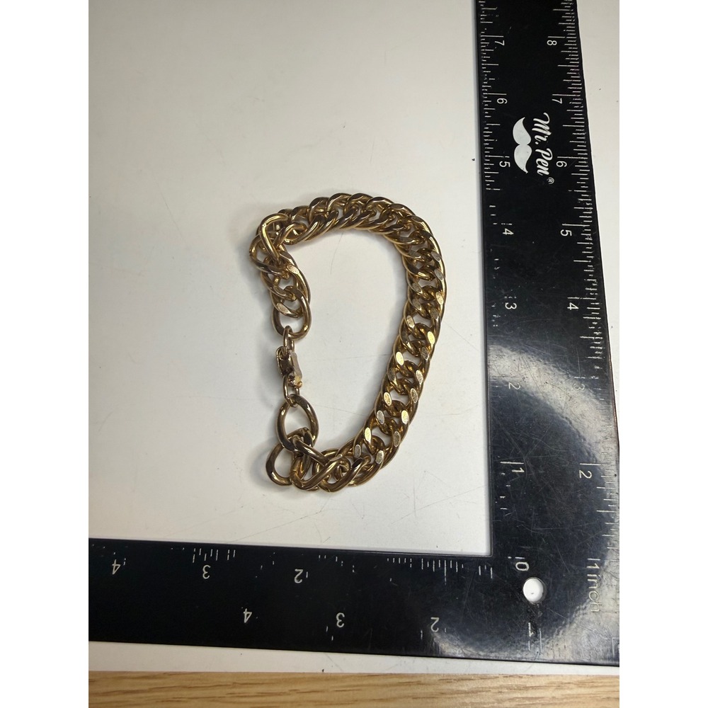 Gold Tone Chunky Curb Chain Bracelet Bold Statement Link Fold Over Clasp 8 Inch